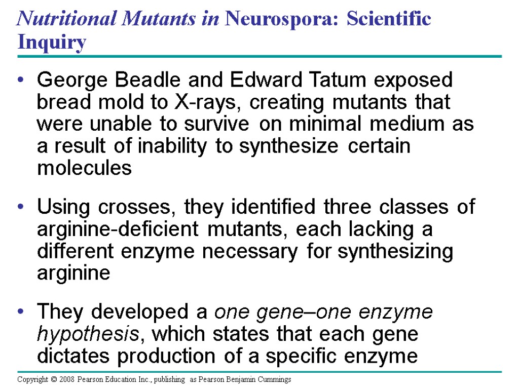 Nutritional Mutants in Neurospora: Scientific Inquiry George Beadle and Edward Tatum exposed bread mold